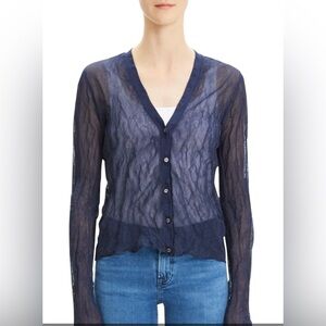 THEORY Crinkle Effect Cardigan In Navy Metal Crepe Large NWT